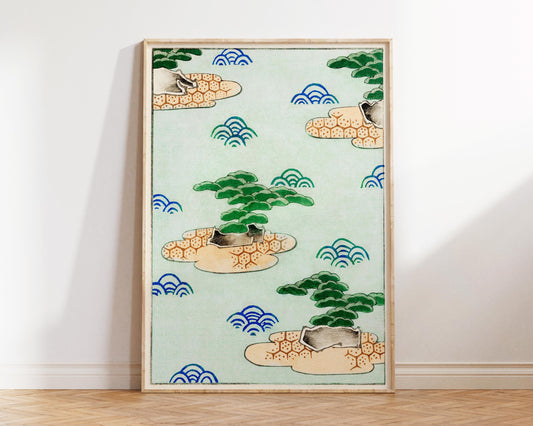 Watanabe Seitei Vintage Print, Japanese Landscape illustration, Bijutsu Sekai Green Wall Art, Antique Asian Painting Reproduction