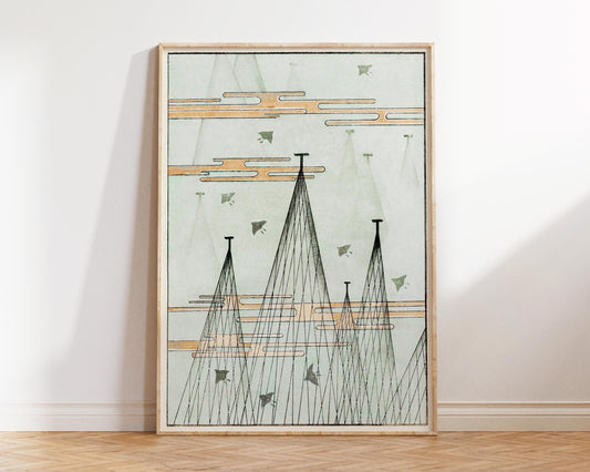 Vintage Japanese Skyscape with Birds Flying Illustration Print by Kacho-ga Artist Watanabe Seitei, Antique Asian Painting Reproduction