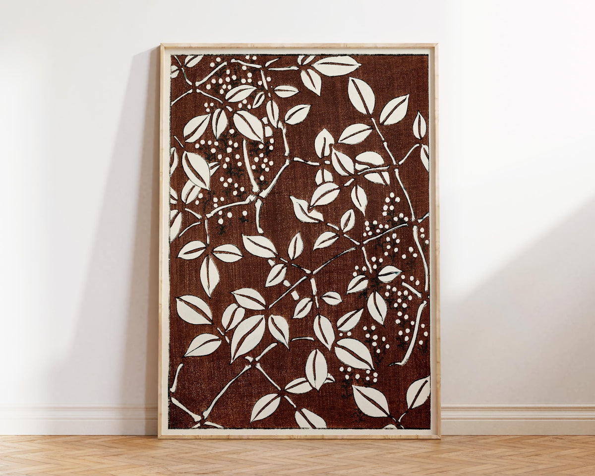 Vintage Japanese Leaf Pattern Print by Kacho-ga Artist Watanabe Seitei, Antique Asian Painting Reproduction, Brown Floral Wall Art
