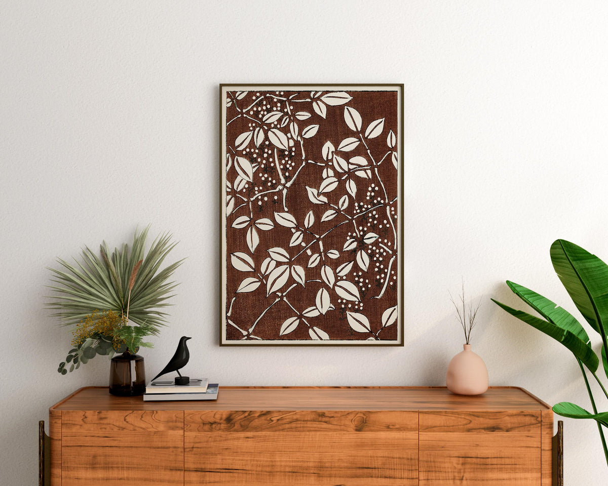 Vintage Japanese Leaf Pattern Print by Kacho-ga Artist Watanabe Seitei, Antique Asian Painting Reproduction, Brown Floral Wall Art