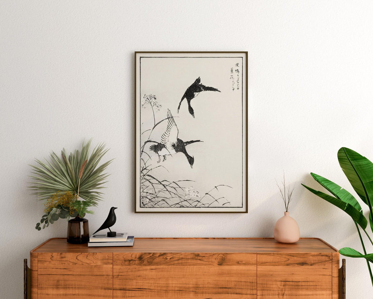 Vintage Japanese Bird & Flower Print by Numata Kashu, Antique Asian Woodblock Painting Reproduction, Black and White Minimalistic Wall Art