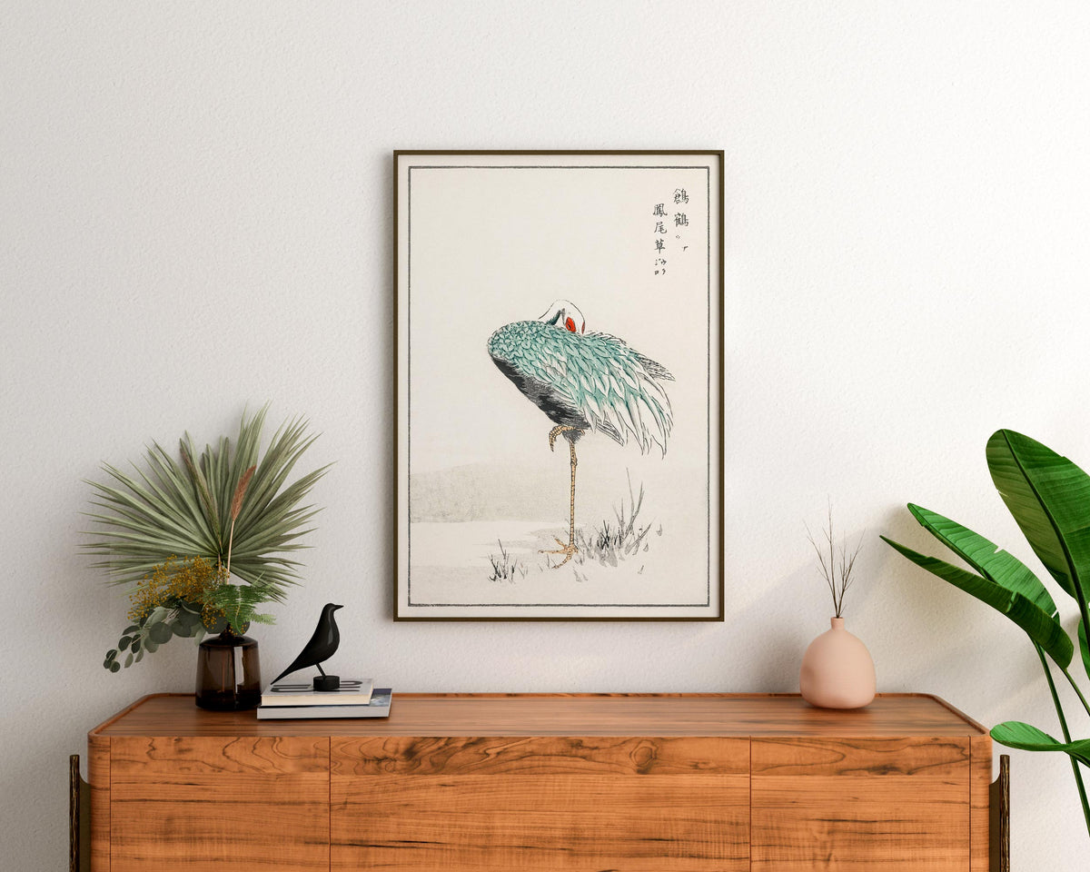 Vintage Japanese Bird Print by Numata Kashu, Antique Asian Woodblock Painting Reproduction, White and Blue Minimalistic Wall Art