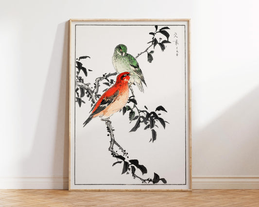 Vintage Japanese Bird Print by Numata Kashu, Antique Asian Woodblock Painting Reproduction, Red and Green Minimalistic Wall Art