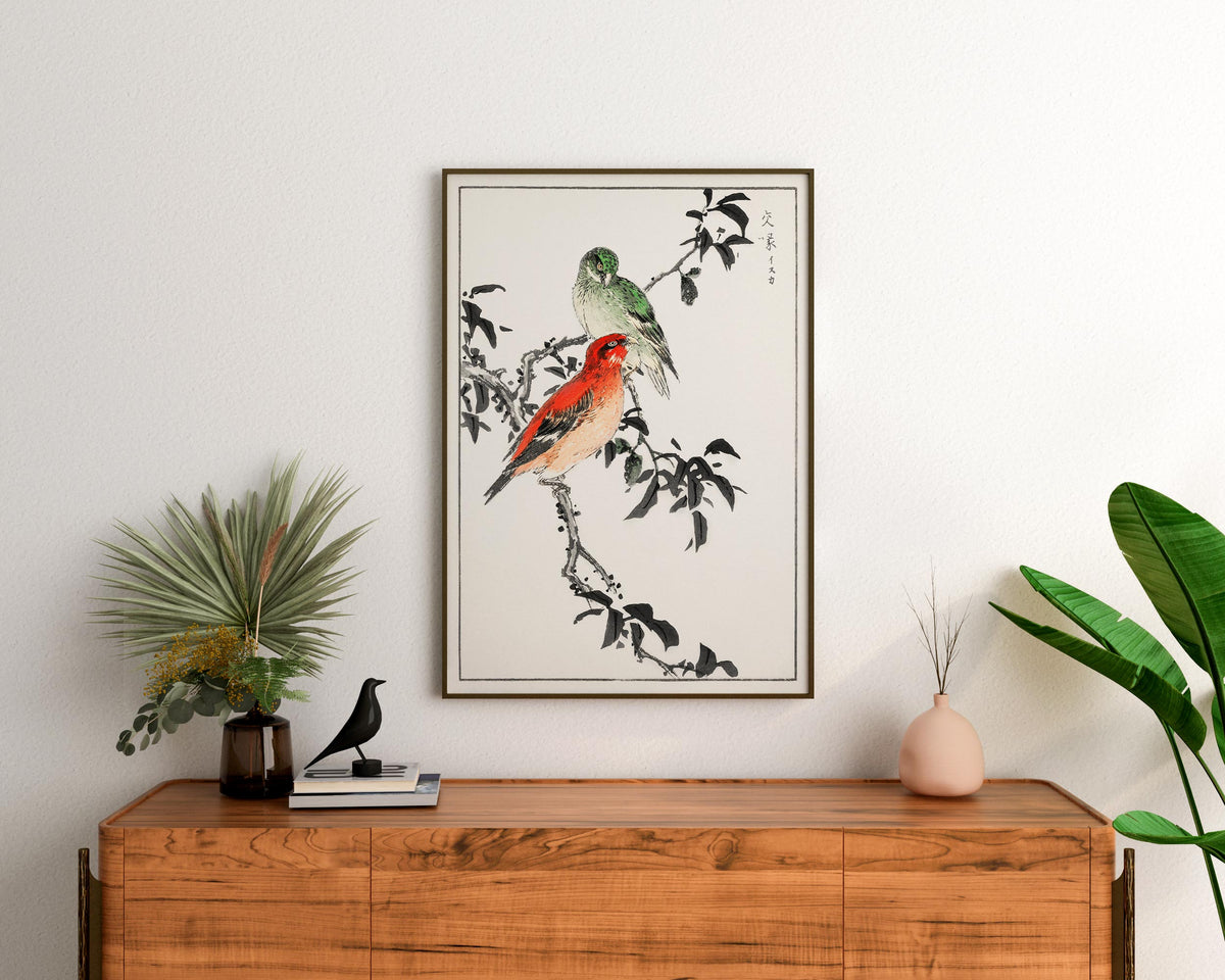 Vintage Japanese Bird Print by Numata Kashu, Antique Asian Woodblock Painting Reproduction, Red and Green Minimalistic Wall Art