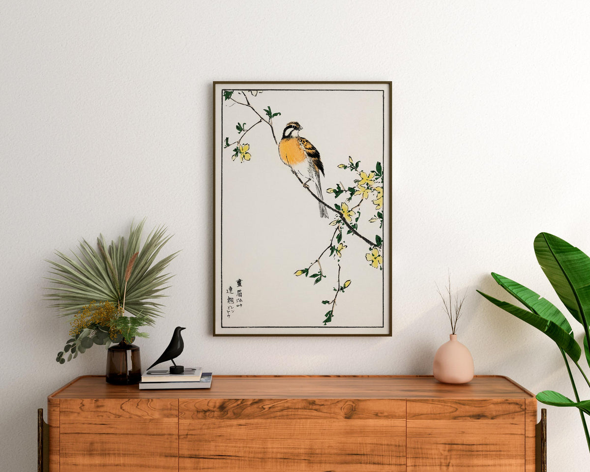 Vintage Japanese Bird Print by Numata Kashu, Antique Asian Woodblock Painting Reproduction, White and Yellow Minimalistic Wall Art