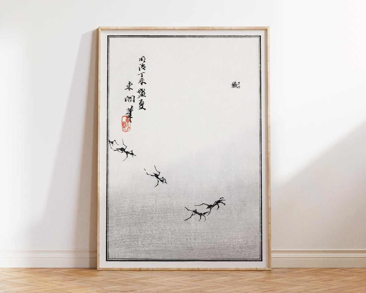 Black & White Japanese Print of Ants, Morimoto Toko Traditional Japanese Woodblock Reproduction, Vintage Asian Style Wall Art