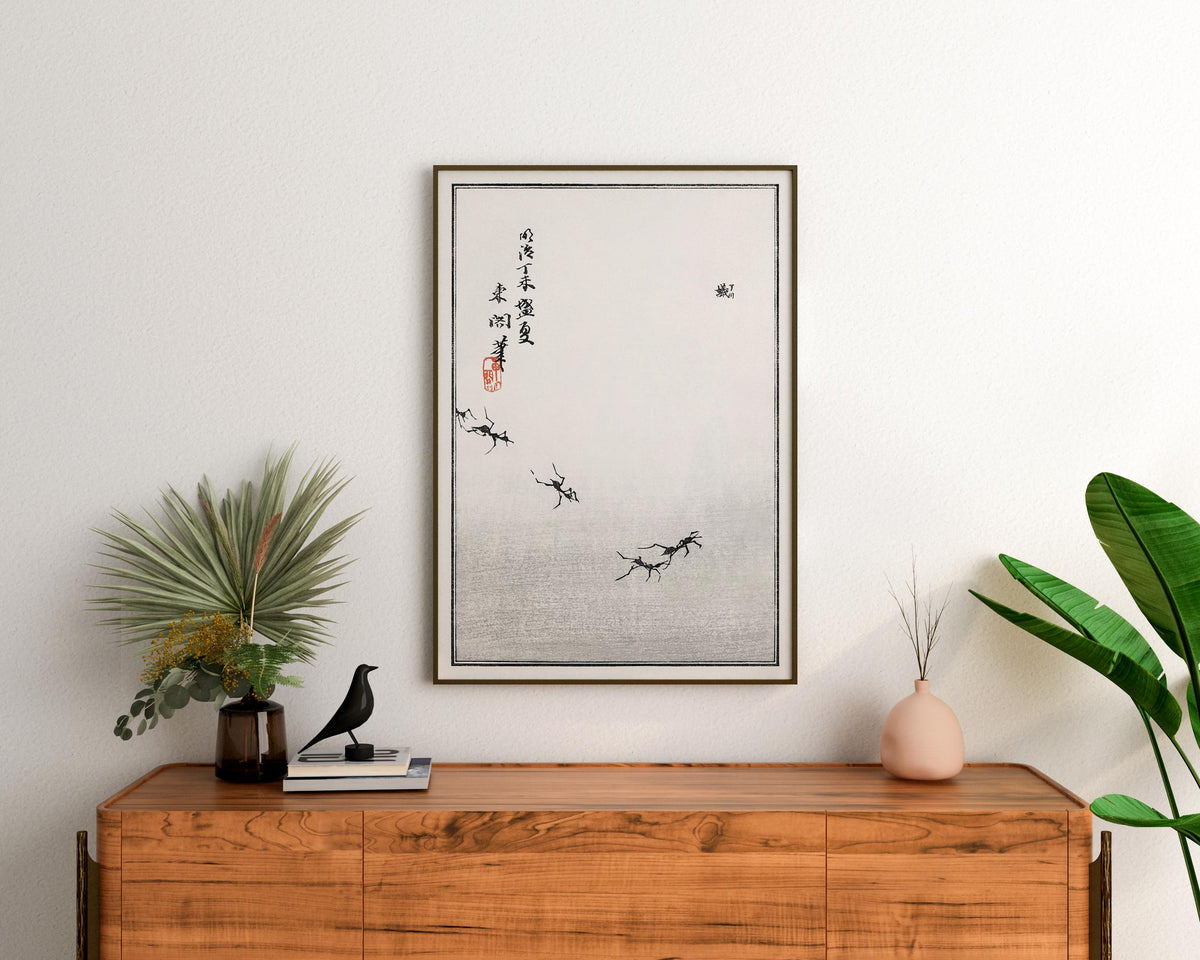 Black & White Japanese Print of Ants, Morimoto Toko Traditional Japanese Woodblock Reproduction, Vintage Asian Style Wall Art