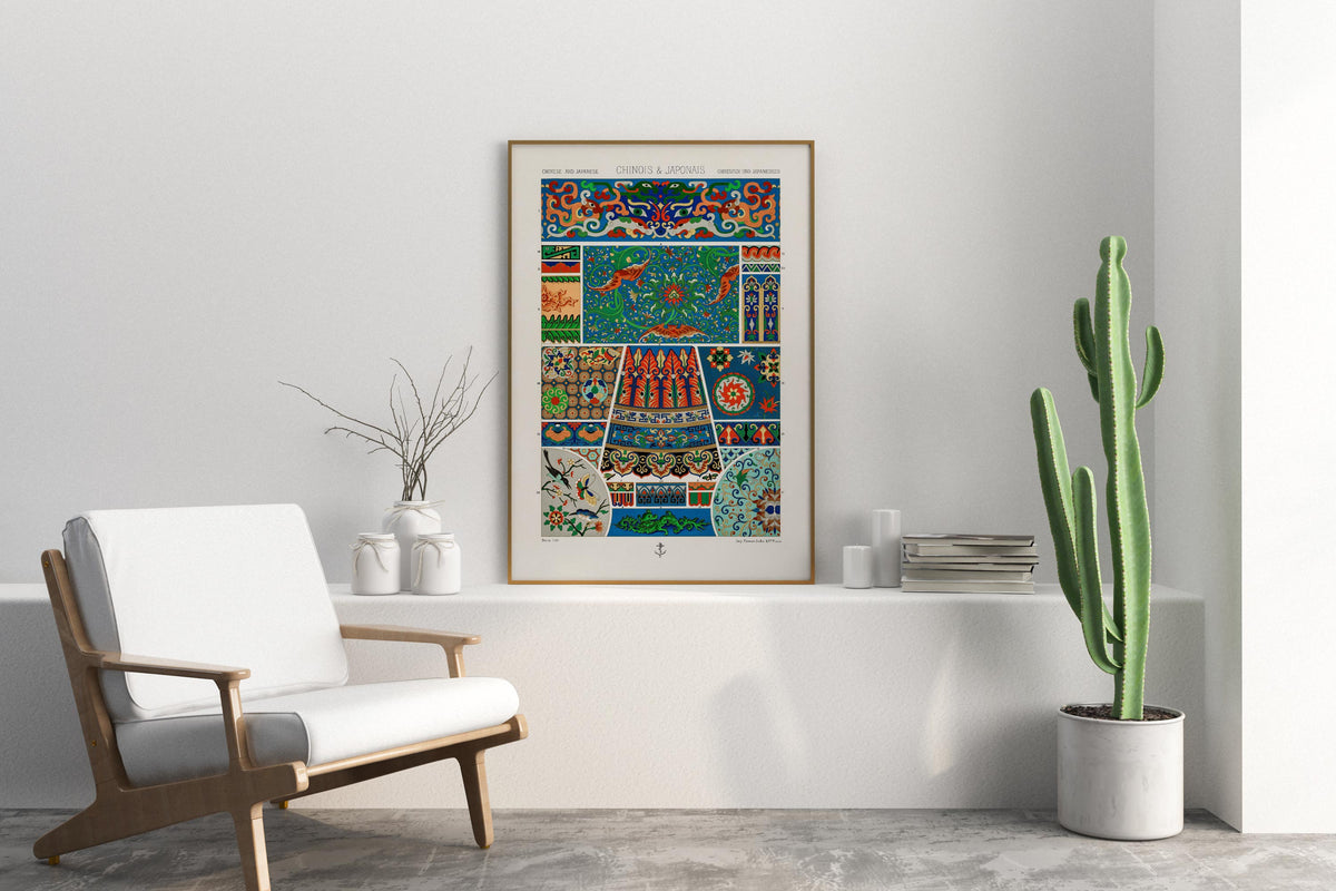 Vintage Chinese and Japanese Patterns Print by Albert Racinet, Antique Asian Abstract Texture Reproduction, Oriental Fine Art Wall Decor