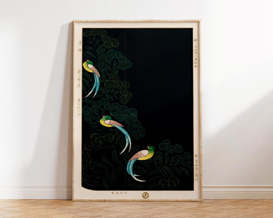 Vintage Japanese Colourful Birds Print, Traditional Illustration Lithograph of Kimono Design, Antique Asian Texture Reproduction