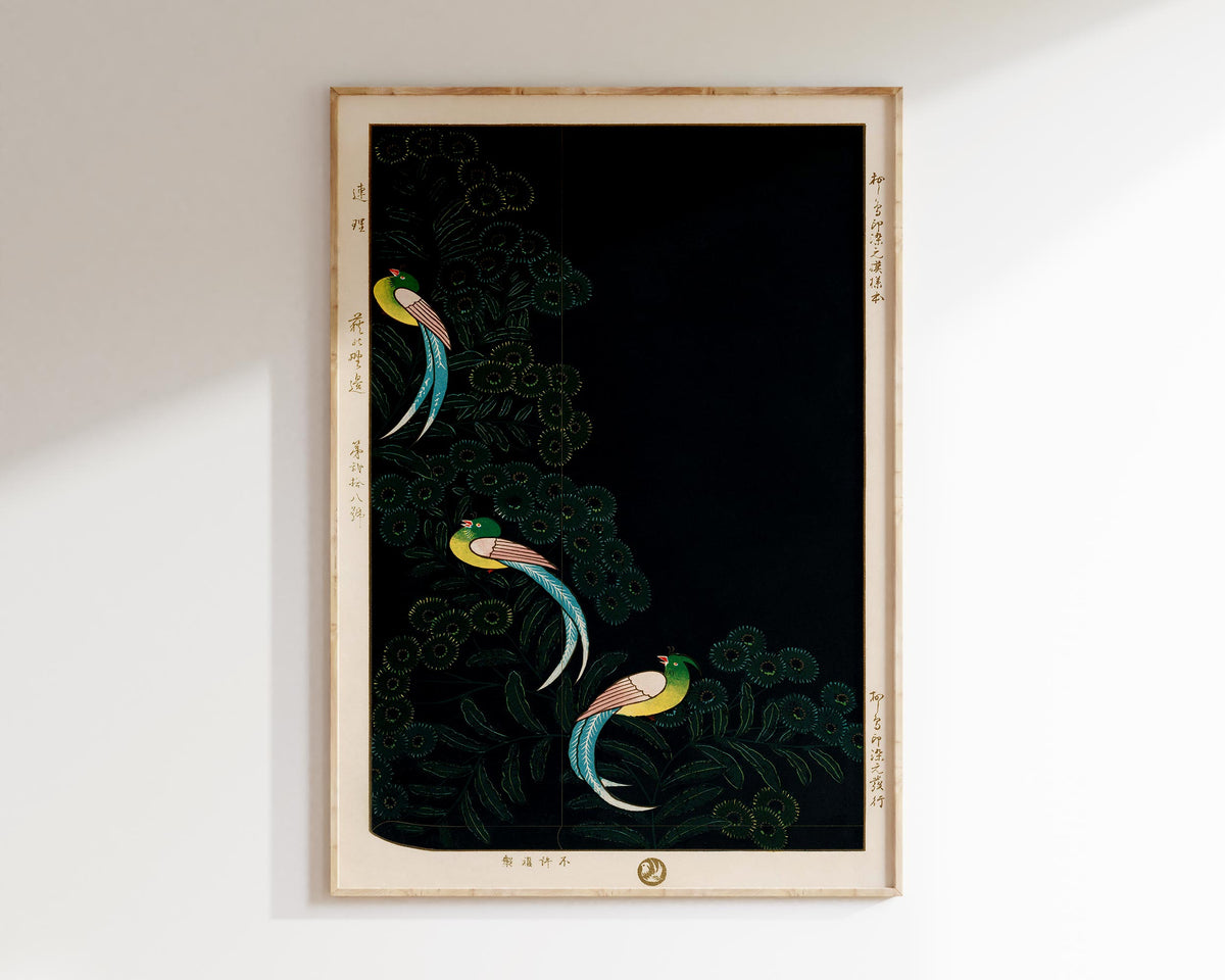 Vintage Japanese Colourful Birds Print, Traditional Illustration Lithograph of Kimono Design, Antique Asian Texture Reproduction