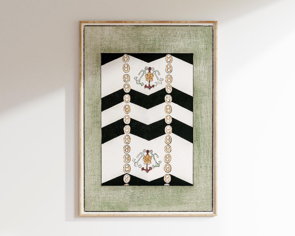 Vintage Japanese Geometric Print, Nautical Pattern by Kacho-ga Artist Watanabe Seitei, Antique Asian Bijutsu Sekai Painting Reproduction