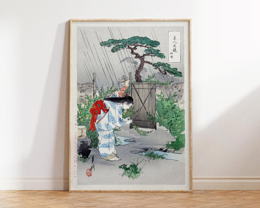 Ogata Gekko Fine Art Print, Vintage Japanese Woodblock Wall Art, Asian Style Painting, Woman Bending over Yamabuki Bush Reproduction