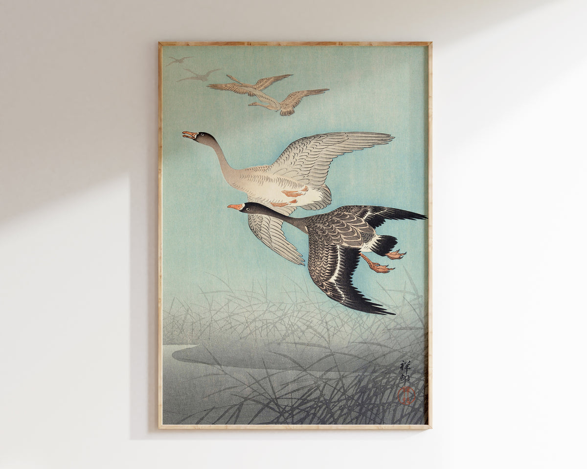 Great Geese in Flight by Ohara Koson, Vintage Japanese Print, Antique Asian Wall Art, Japan Painting Poster, Art Lover Gift