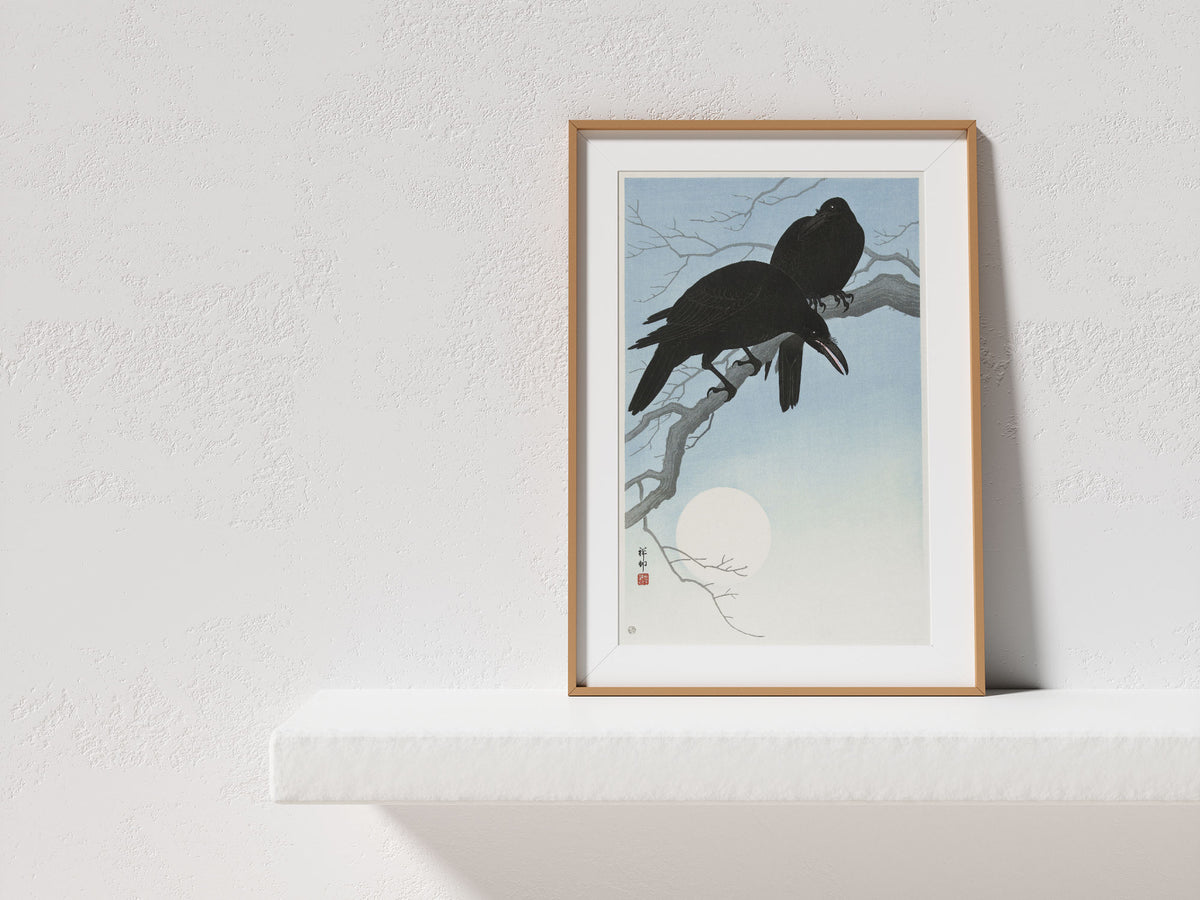 Vintage Japanese Art Print by Ohara Koson, Two Crows Vintage Fine Art Wall Hanging, Antique Gothic Poster, Art Lover Gift, 1900s
