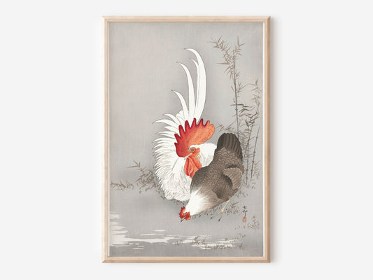 Vintage Japanese Art Print by Ohara Koson, Rooster and Chicken Poster, Vintage Fine Art Wall Hanging, Antique Asian Poster, Art Lover Gift