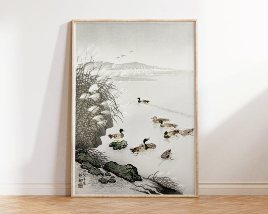 Vintage Japanese Art Print "Ducks in the Water" by Ohara Koson, Antique Asian Style Wall Art Reproduction, 1900s, Pastel Nursery Wall Decor