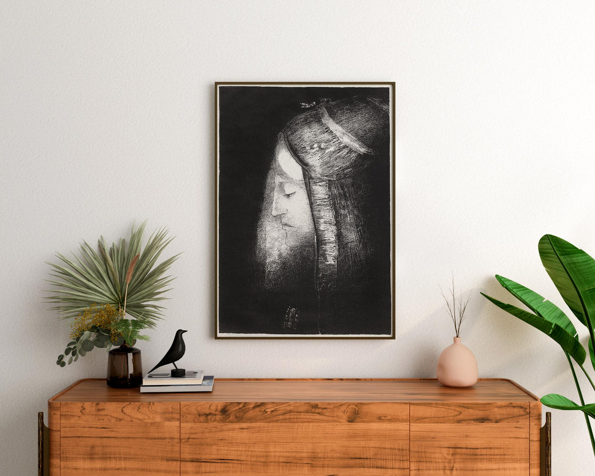 Odilon Redon Art Print, Profile of Light (1886) Reproduction, Antique Dark Moody Painting, Symbolist Black and White Wall Art