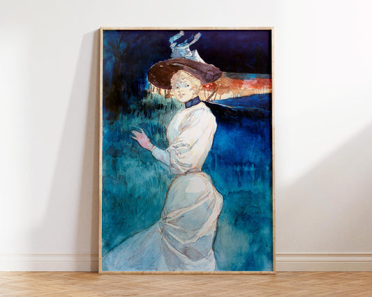 Vintage Art Print by Henry Somm, Elegant in a White Dress in a Landscape (1890), Antique Painting Reproduction, Blue Fine Art Print