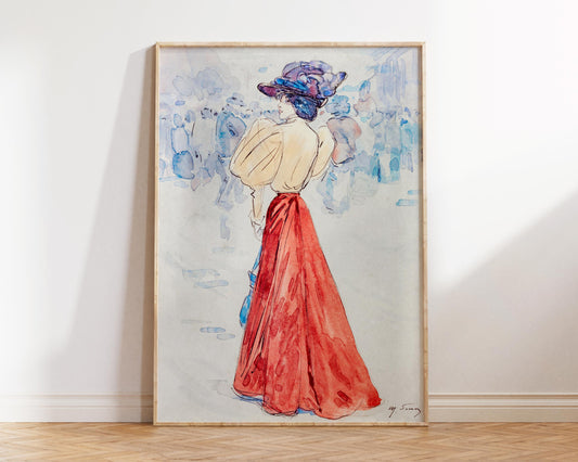 Red & Blue Fashion Art Print, Vintage Henry Somm Wall Art, Elegant with a Red Skirt (ca. 1890) Reproduction, Antique Watercolour Painting