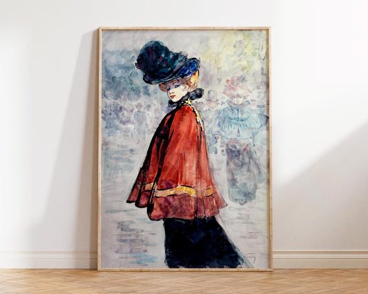 Vintage Art Print by Henry Somm "Elegant in Red Cape" (1890-1900), Antique Painting Reproduction, Red & Blue Fine Art Print
