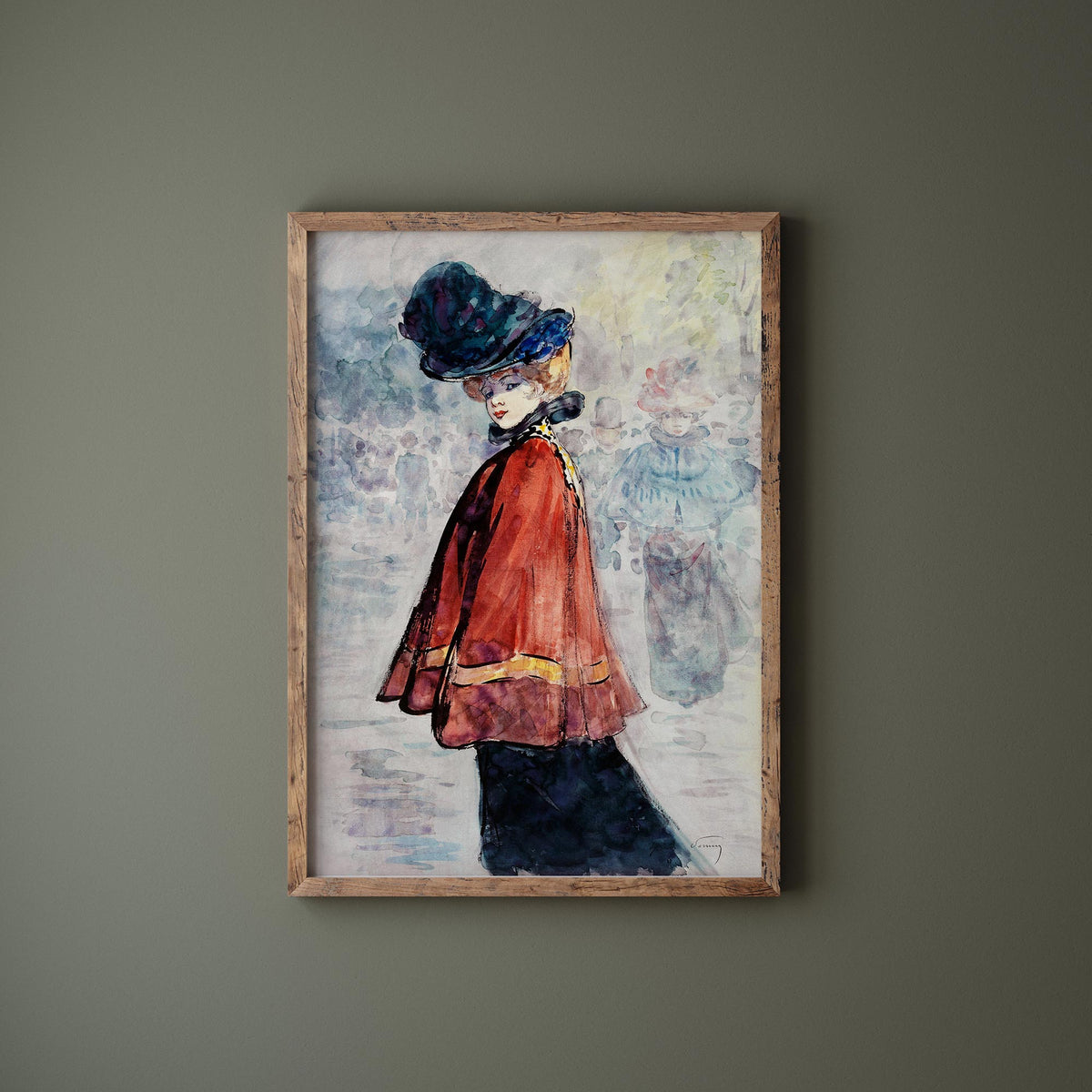 Vintage Art Print by Henry Somm "Elegant in Red Cape" (1890-1900), Antique Painting Reproduction, Red & Blue Fine Art Print