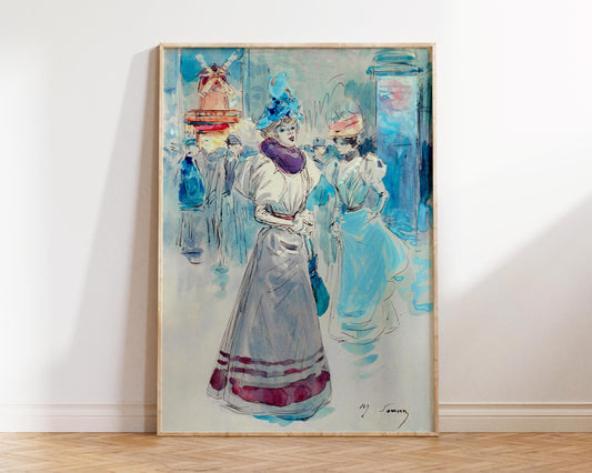 Vintage Art Print by Henry Somm, Elegant in a Blue Hat in Front of the Moulin Rouge (1890), Antique Art Reproduction, Blue Fine Art Print