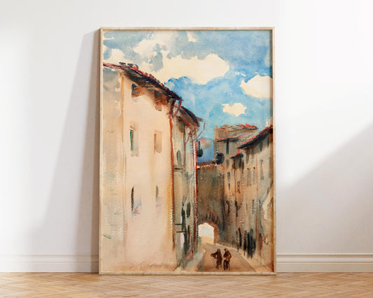 Blue & Beige Watercolour Print, Reproduction from Vintage Painting, Camprodon - Spain by John Singer Sargent (ca. 1892)