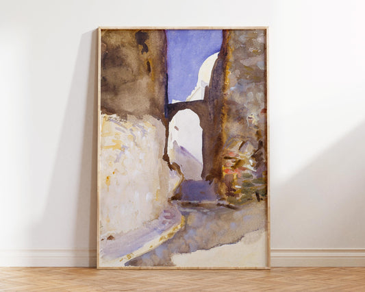 Vintage Art Print by John Singer Sargent "Street, Tangier" (1895), Antique Watercolor Painting Reproduction, Brown & Purple Wall Art