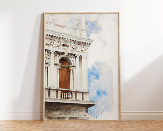 Vintage Art Print by John Singer Sargent, A Corner of the Library in Venice Reproduction (ca. 1904), Watercolor Architectural Painting