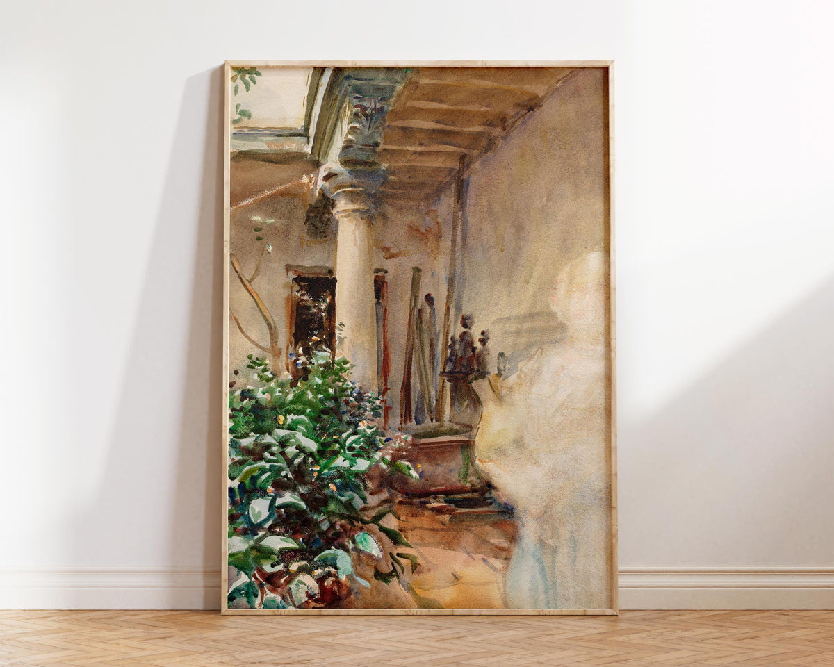 Vintage Art Print by John Singer Sargent "The Patio" (1908), Antique Watercolor Painting Reproduction, Brown Architecture Painting