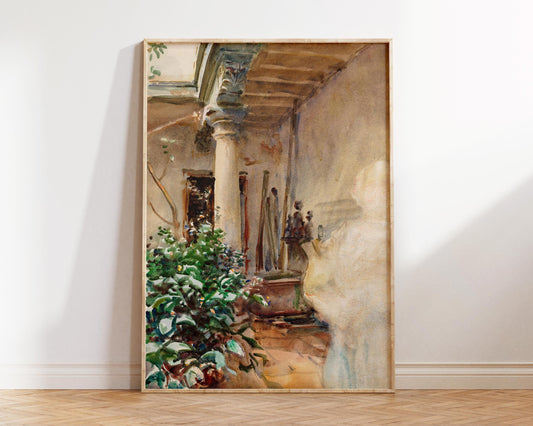 Vintage Art Print by John Singer Sargent "The Patio" (1908), Antique Watercolor Painting Reproduction, Brown Architecture Painting
