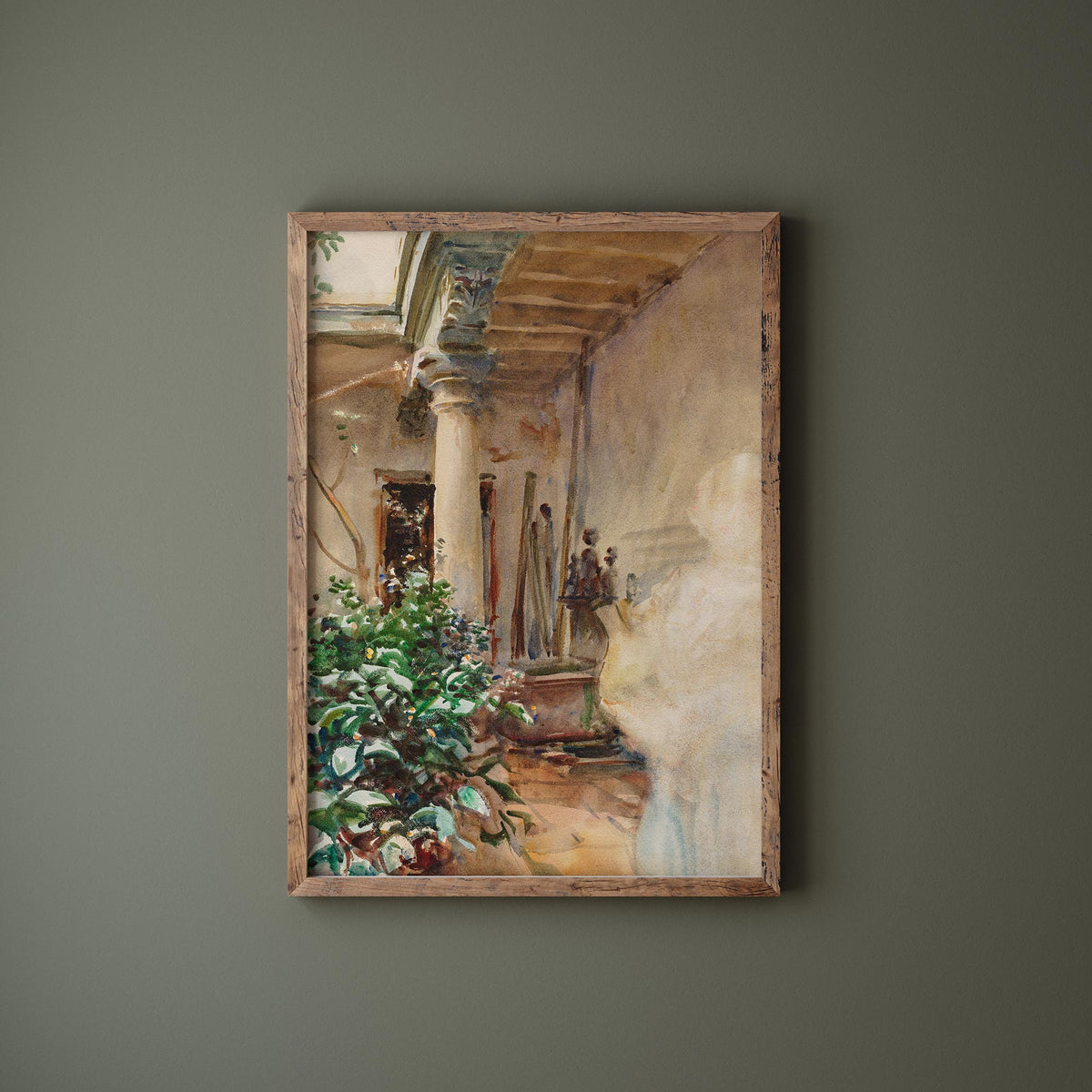 Vintage Art Print by John Singer Sargent "The Patio" (1908), Antique Watercolor Painting Reproduction, Brown Architecture Painting