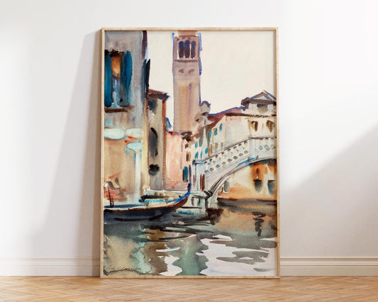 Vintage Art Print by John Singer Sargent "A Bridge and Campanile, Venice" (ca. 1902–1904), Antique Watercolor Painting Reproduction
