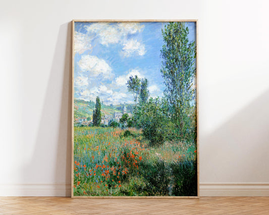 Vintage Art Print by Claude Monet "View of Vétheuil" (1880), Antique Oil Painting Reproduction, Green & Blue Floral Wall Art