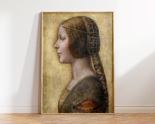 Vintage Art Print by Leonardo da Vinci "Profile of a Young Fiancée" 1495, Antique Famous Painting Fine Art Reproduction