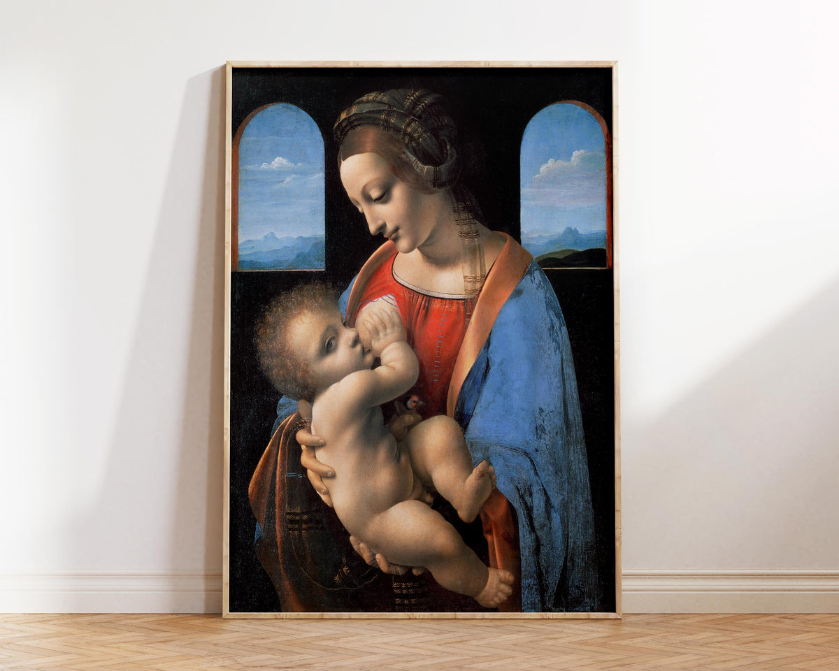 Madonna Litta Print by Leonardo Da Vinci (mid 1490s), Vintage Famous Painting Reproduction, Renaissance Wall Art, Blue & Red Painting