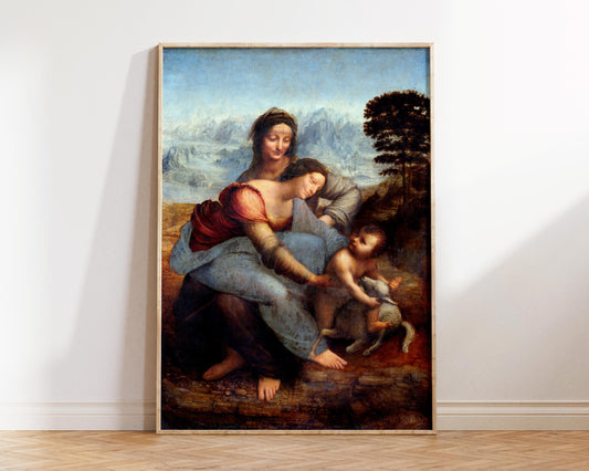 Vintage Art Print by Leonardo da Vinci "The Virgin and Child with Saint Anne" (1500s), Antique Famous Painting Fine Art Reproduction