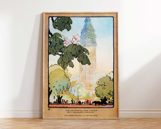 Vintage New York Postcard Print, The Metropolitan Tower on A Summer Evening by Rachael Robinson Elmer, 1914, Retro Illustration Wall Art