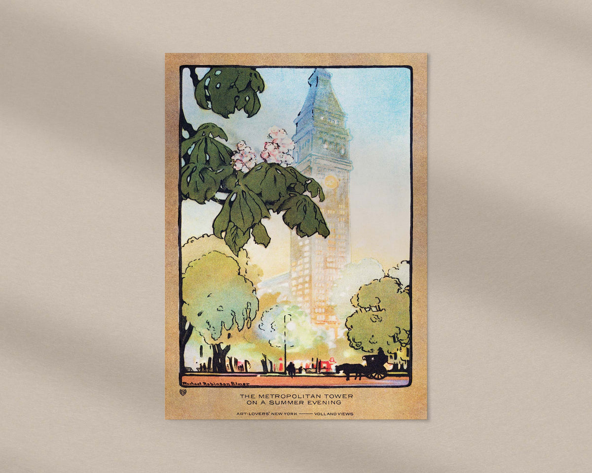 Vintage New York Postcard Print, The Metropolitan Tower on A Summer Evening by Rachael Robinson Elmer, 1914, Retro Illustration Wall Art
