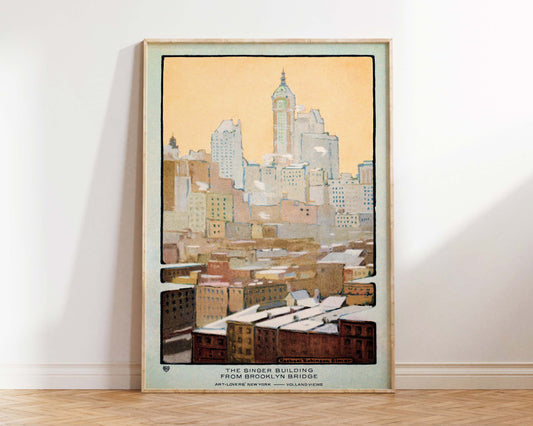 Vintage New York Postcard Print, The Singer Building from Brooklyn Bridge (1914), Retro Illustration Wall Art