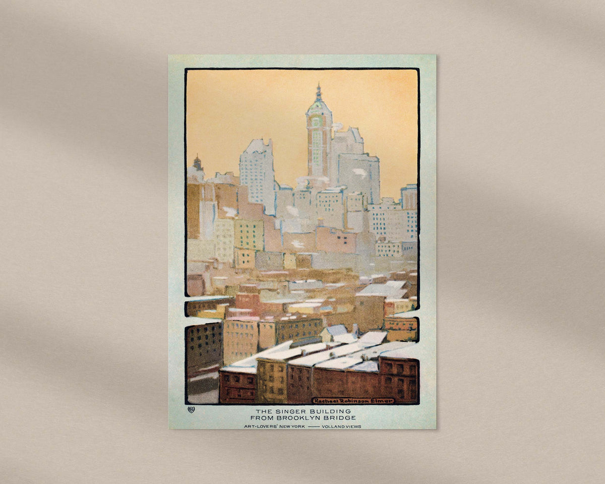 Vintage New York Postcard Print, The Singer Building from Brooklyn Bridge (1914), Retro Illustration Wall Art