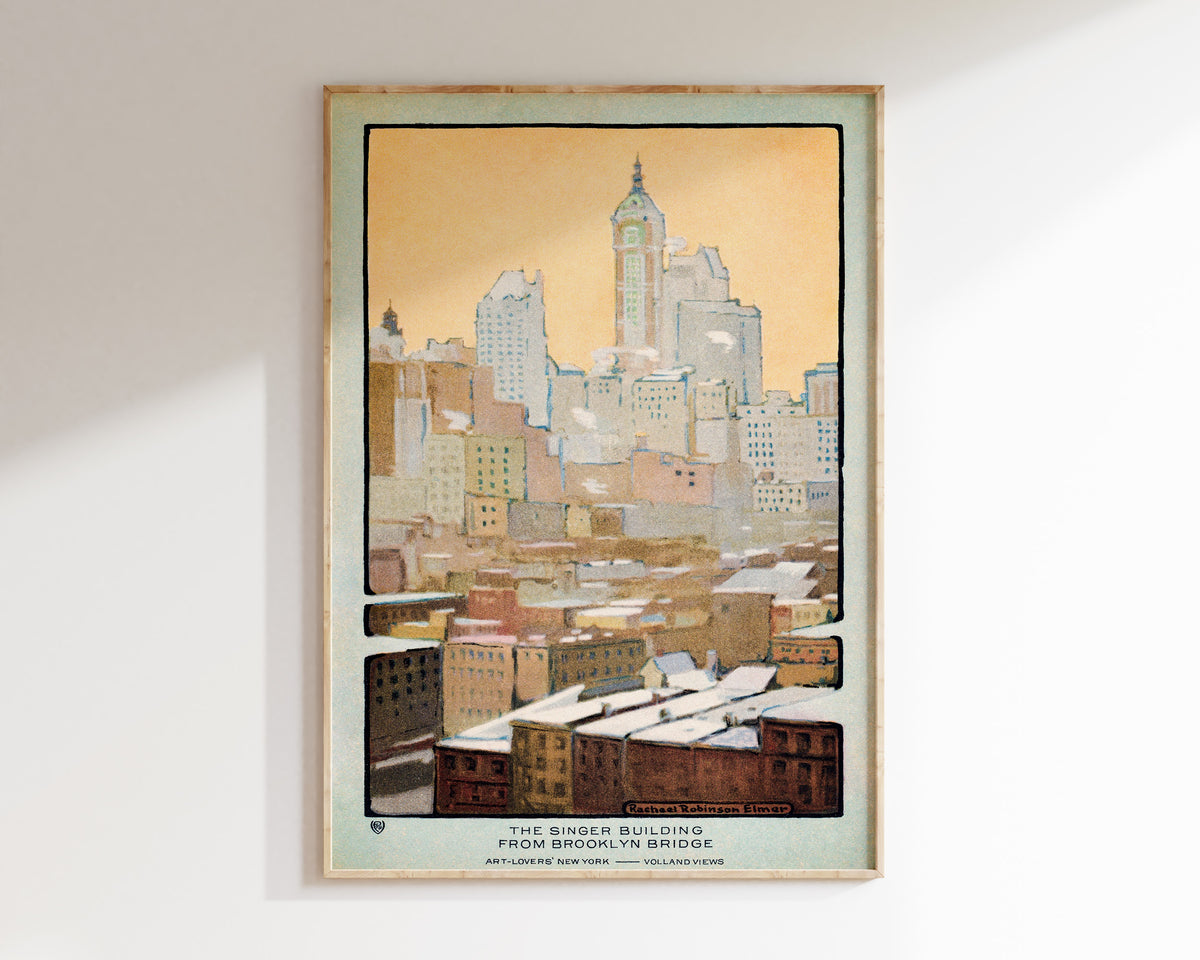 Vintage New York Postcard Print, The Singer Building from Brooklyn Bridge (1914), Retro Illustration Wall Art