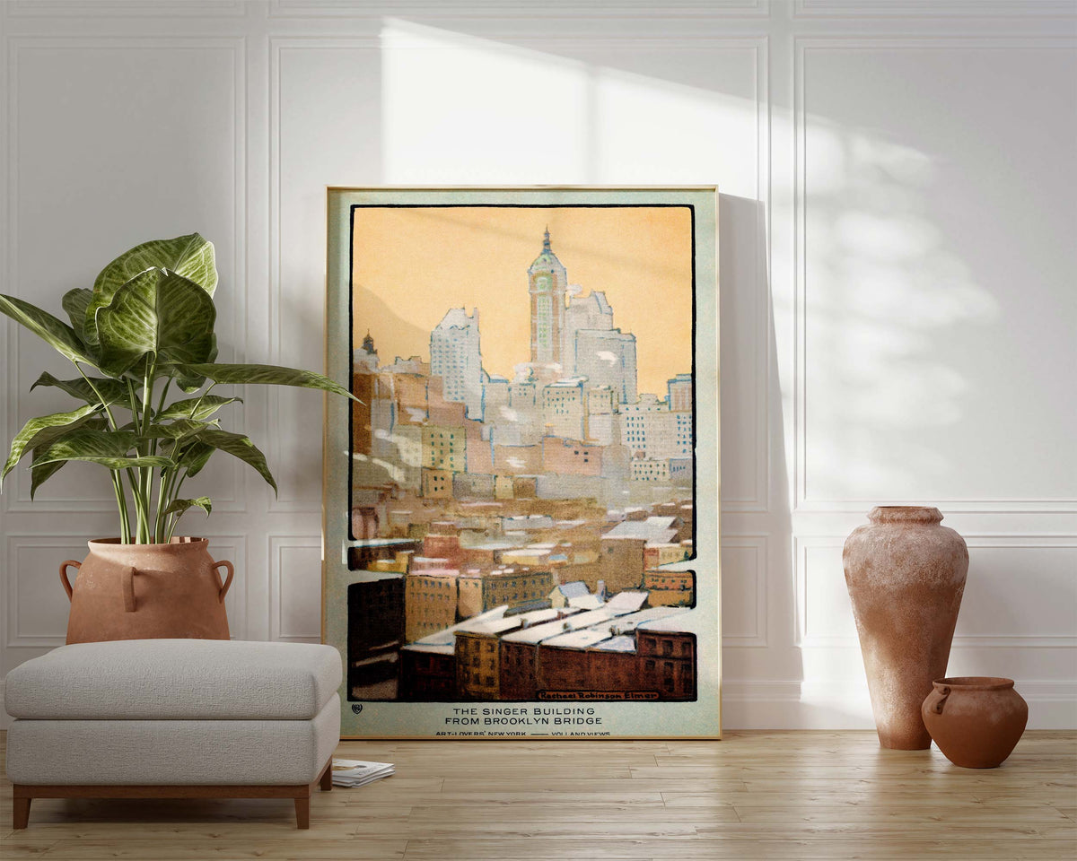 Vintage New York Postcard Print, The Singer Building from Brooklyn Bridge (1914), Retro Illustration Wall Art