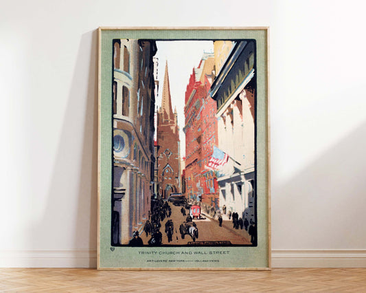 Vintage New York Postcard Print by Rachael Robinson Elmer, Trinity Church and Wall Street (1914), Retro Illustration Wall Art