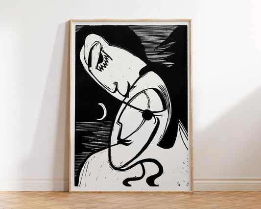 Ernst Ludwig Kirchner Print, The Kiss (1930) Reproduction, Black & White Woodcut Painting, Qubic Style Artwork, Romantic Modern Art