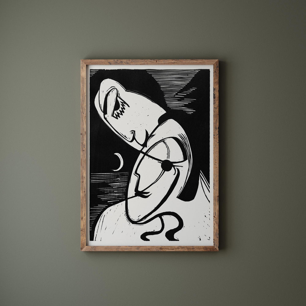 Ernst Ludwig Kirchner Print, The Kiss (1930) Reproduction, Black & White Woodcut Painting, Qubic Style Artwork, Romantic Modern Art