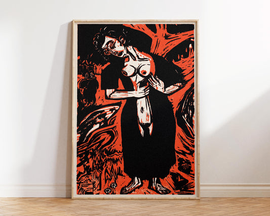 Woodcut Art Print by Ernst Ludwig Kirchner, The Suicide (1921) Reproduction, Black & Red Vintage Painting, Qubic Style Artwork