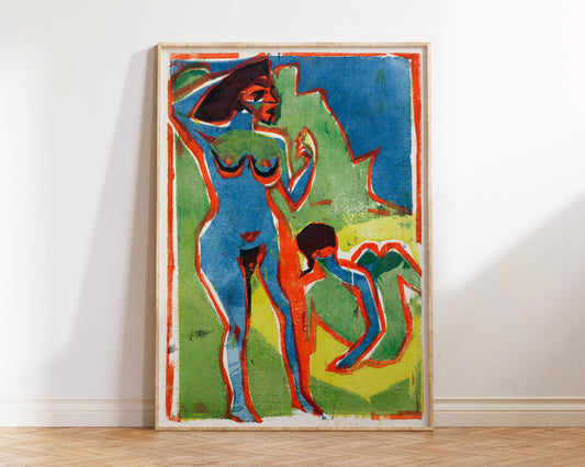Ernst Ludwig Kirchner Print, Woodcut Wall Art, Bathing Women - Moritzburg (1910) Reproduction, Qubic Blue & Green Yellow Vintage Painting