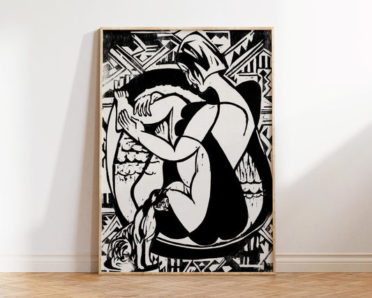 Ernst Ludwig Kirchner Print, Qubic Style Black & White Vintage Painting, Woodcut Illustration, Woman in the Bathtub (1936) Reproduction