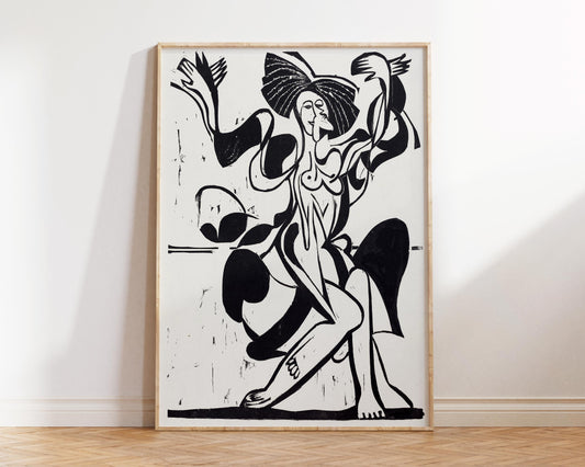 Ernst Ludwig Kirchner Print, Qubic Style Black & White Vintage Painting, Woodcut Illustration, Mary Wigman's Dance (1933) Reproduction
